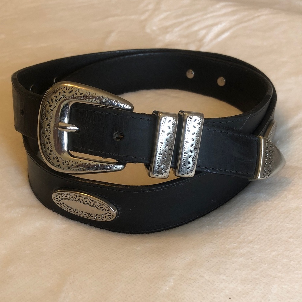Genuine Black Leather Belt with Decorative Silver Conchas, Buckle, & Keepers, 38